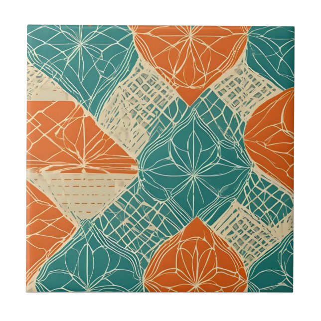 Carreau Fleurs abstraites sarcelle, orange et chamois (Devant)
