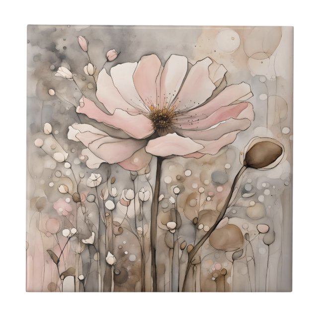 Carreau Fleurs Aquarelle Beige Abstrait Rose (Devant)
