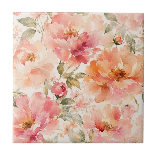 Carreau Fleurs aquarelles romantiques chaudes d'été (Devant)