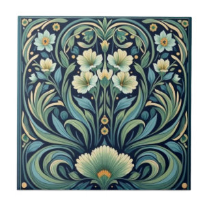 Carreau Fleurs Art Nouveau Bleu Et Vert Vintage 