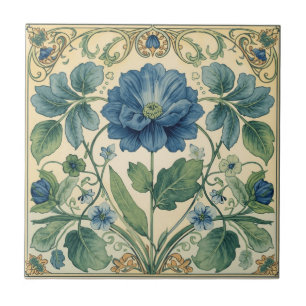 Carreau Fleurs Art Nouveau Bleu Et Vert Vintage