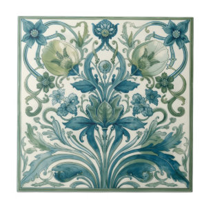 Carreau Fleurs Art Nouveau Bleu Et Vert Vintage