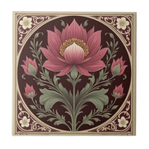 Carreau Fleurs Art Nouveau bordeaux et or vintage