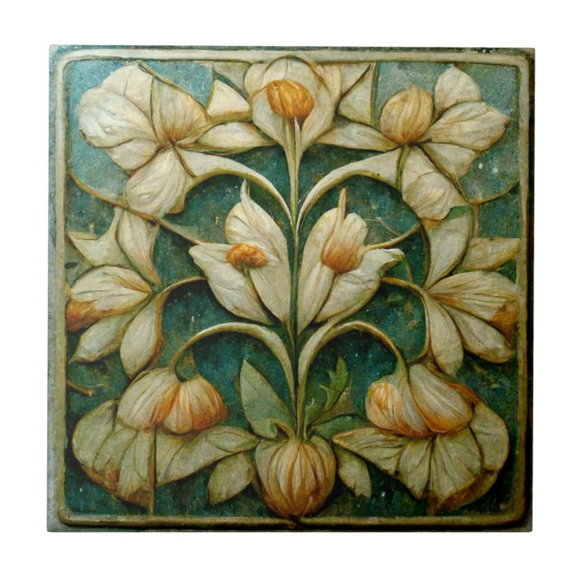 Carreau Fleurs blanches Art nouveau, Arrière - plan bleu-v (Devant)