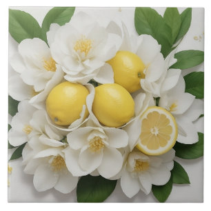 Carreau Fleurs blanches, citrons et feuilles vertes sur fo