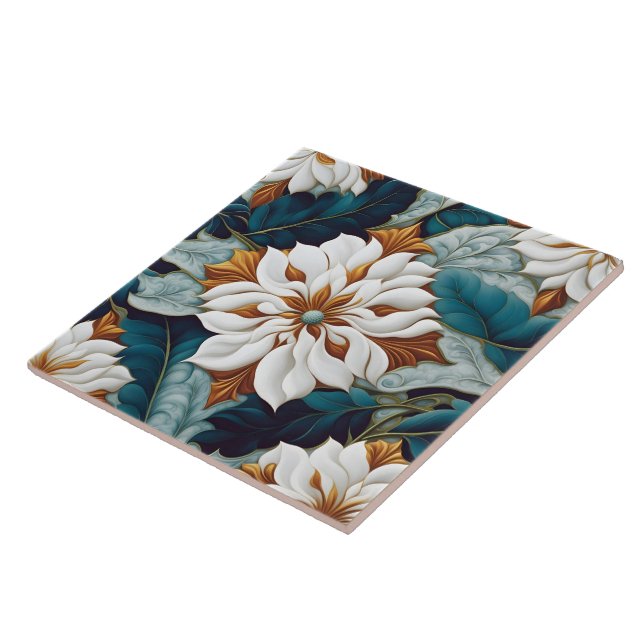 Carreau Fleurs blanches élégantes avec Feuilles Turquoises (Côté)