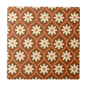 Carreau Fleurs blanches rétro sur ogee vintage marron