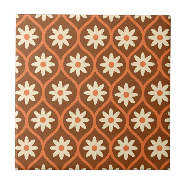 Carreau Fleurs blanches rétro sur ogee vintage marron (Devant)