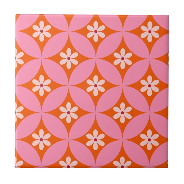 Carreau Fleurs blanches sur motif de cercles roses du mili (Devant)