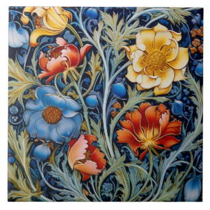 Carreau Fleurs Bleu Jaune Rouge de style William Morris