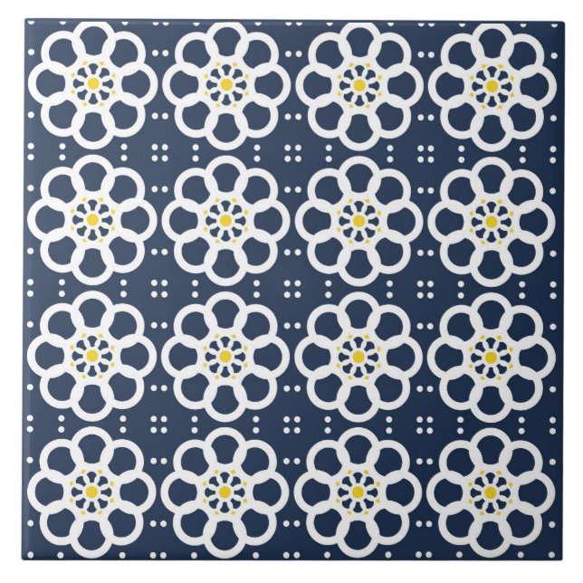 Carreau Fleurs, bleu marine, blanc, accents jaunes, points (Devant)