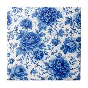 Carreau Fleurs bleues délavées Roses Pivoines Bleu de coba