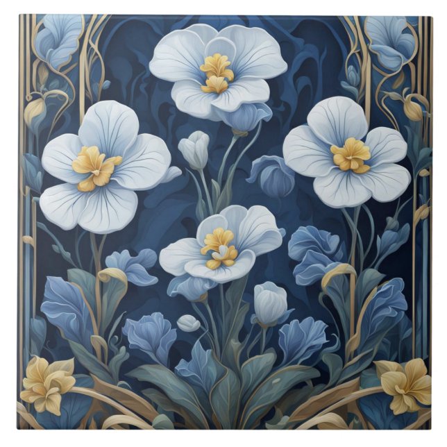 Carreau Fleurs bleues et blanches Art Déco Art Nouveau Flo (Devant)