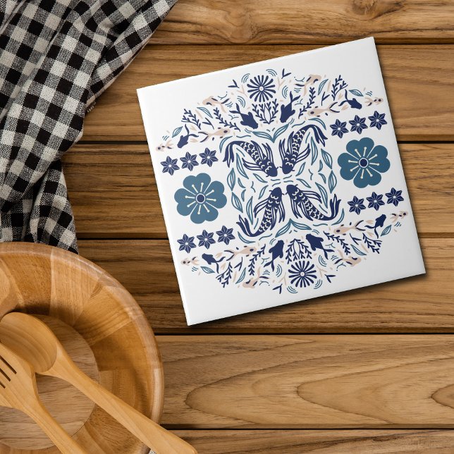 Carreau Fleurs bleues et poissons Vision asiatique (Créateur téléchargé)