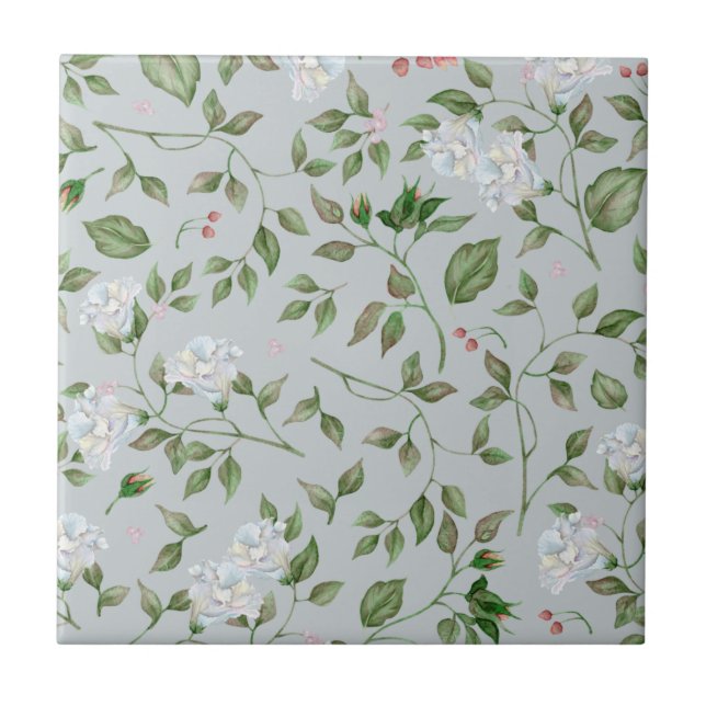 Carreau Fleurs bleues fluides et tuiles Roses en céramique (Devant)