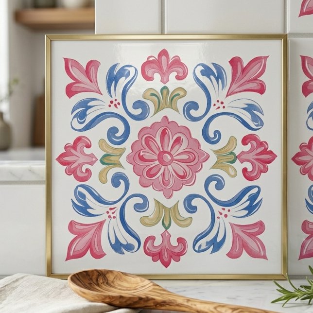 Carreau Fleurs Botanique Rose Bleu Vert (Floral Botanical Pink Blue Green Ceramic Tile)