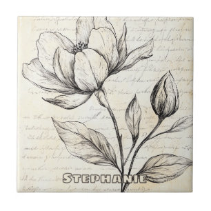 Carreau Fleurs botaniques sépia élégantes écriture vintage