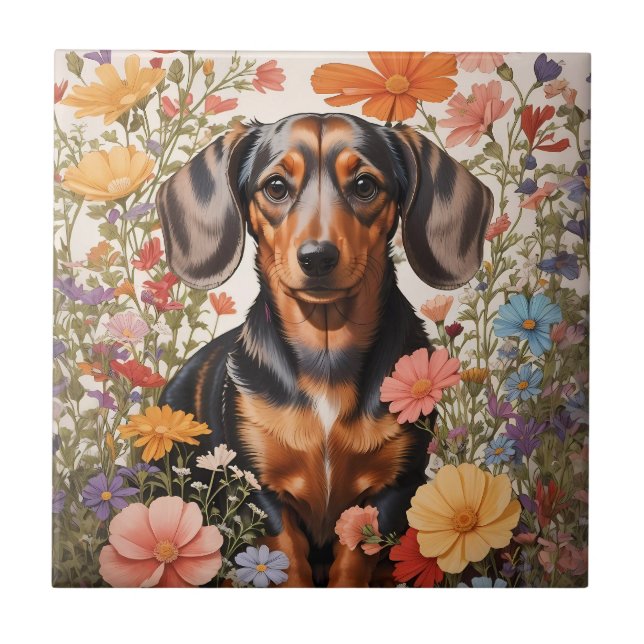 Carreau Fleurs Brown De Dachshund Et Cosmos (Devant)