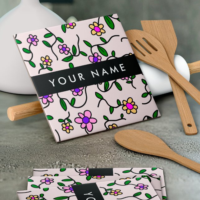 Carreau Fleurs Colorées, Fond Rose, Noir (Créateur téléchargé)