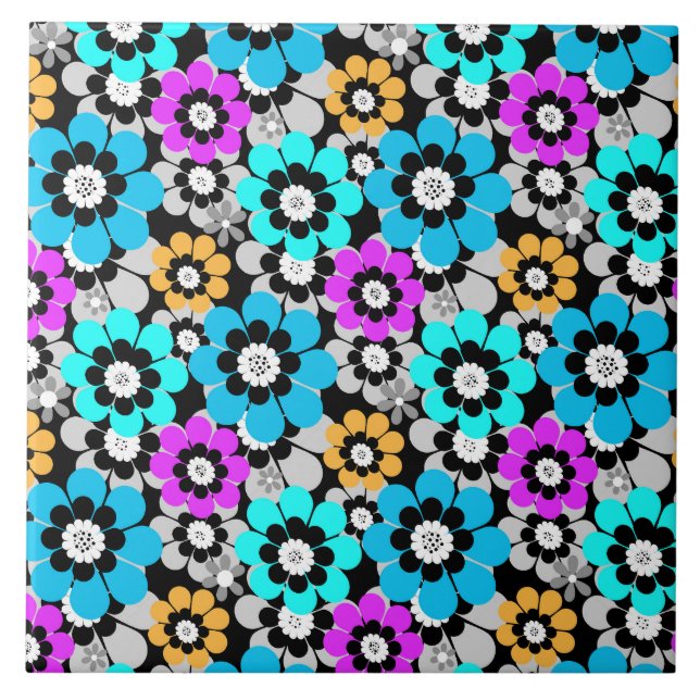 Carreau Fleurs colorées marguerites Bleu Turquoise Violet  (Devant)
