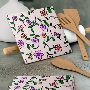 Carreau Fleurs Colorées, Motif Floral, Feuillage, Boho