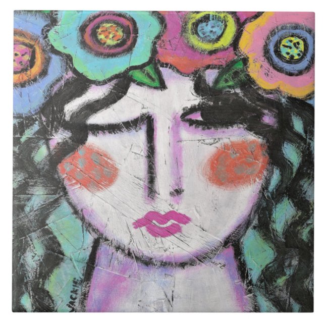 Carreau Fleurs dans ses cheveux Portrait Abstrait d'une fe (Devant)