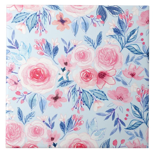 Carreau Fleurs d'aquarelle et feuilles 2 (Devant)