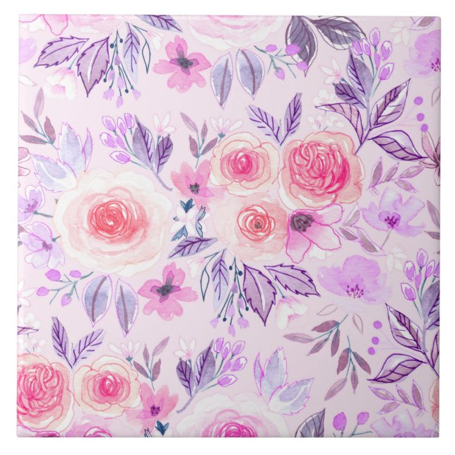 Carreau Fleurs d'aquarelle et feuilles 3 (Devant)