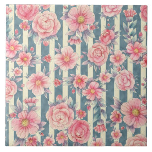 Carreau Fleurs d'aquarelle rose sur bandes