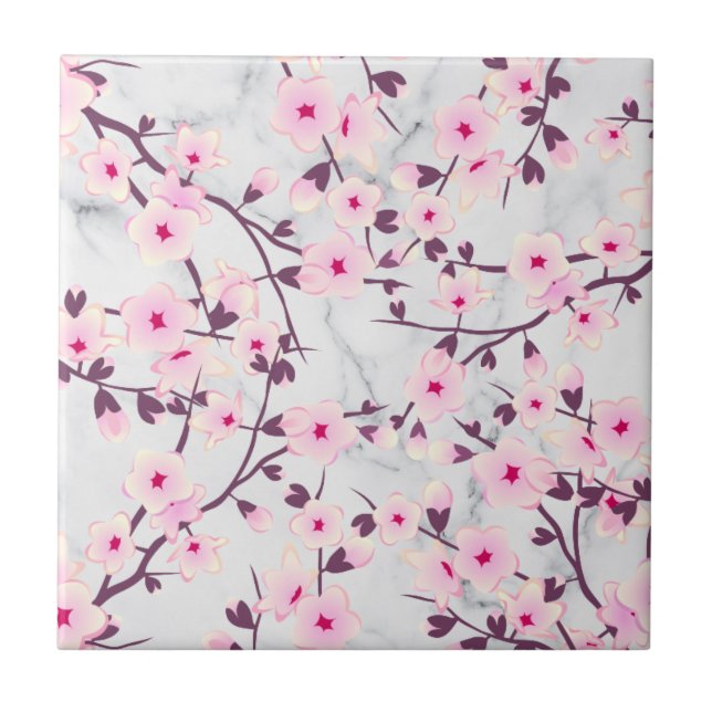 Carreau Fleurs de cerisier Floral Rose Marbre Gris Clair (Devant)