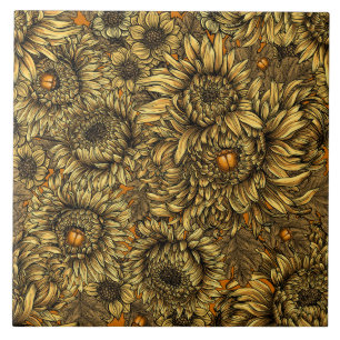Carreau Fleurs de chrysanthème jaunes et coléoptères orang