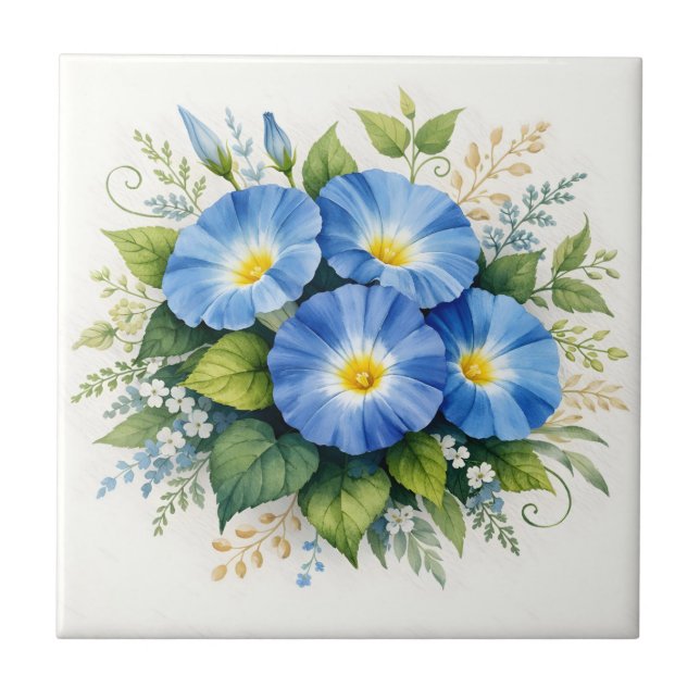Carreau Fleurs de Gloire du matin aquarelle bleue  (Devant)