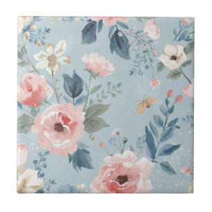 Carreau Fleurs de jardin aquarelle bleu poussiéreux roses