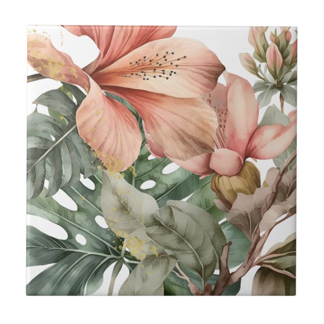 Carreau Fleurs de jungle à l'aquarelle éclaboussure pêche  (Devant)
