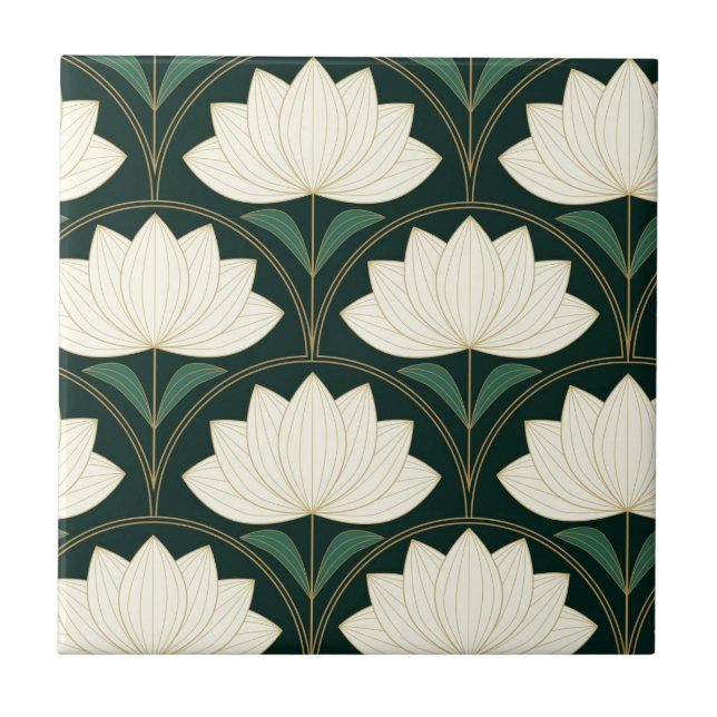 Carreau Fleurs de lotus Art Déco sur des éventails dorés (Devant)