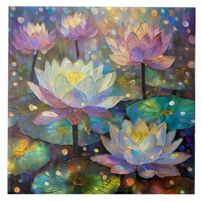 Carreau Fleurs de lotus délicates s'épanouissant dans la n (Devant)