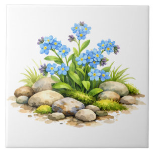 Carreau Fleurs de myosotis à l'aquarelle près des rochers