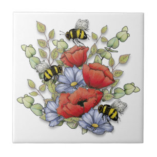 Carreau Fleurs de pavot et dessin numérique de abeilles, b