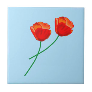 Carreau Fleurs de pavot rouge Coeur Ciel bleu pâle