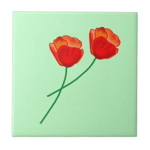 Carreau Fleurs de pavot rouge Coeur vert pâle