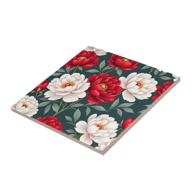 Carreau Fleurs de pivoine rouges et blanches  (Côté)