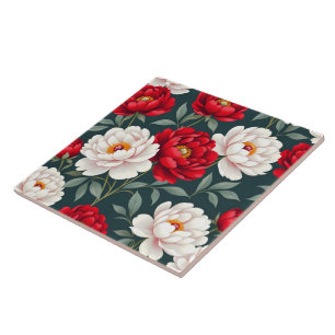 Carreau Fleurs de pivoine rouges et blanches