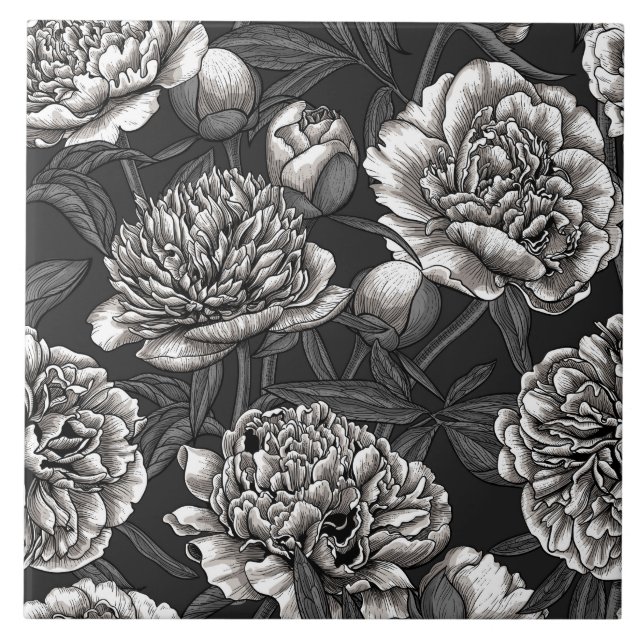 Carreau Fleurs de pivoines blanches sur gris foncé (Devant)