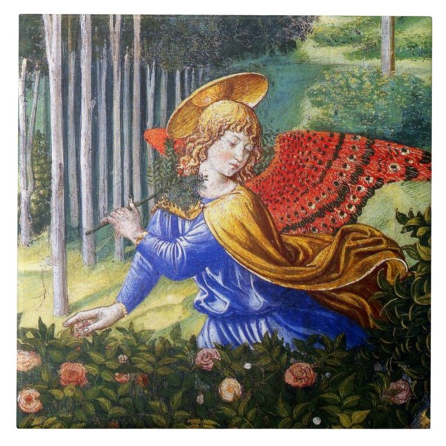Carreau Fleurs de rassemblement d'anges dans un paysage cé (Devant)