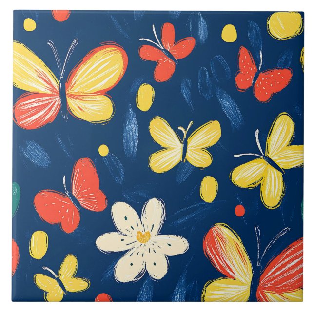 Carreau Fleurs de rayonne et papillon (Devant)