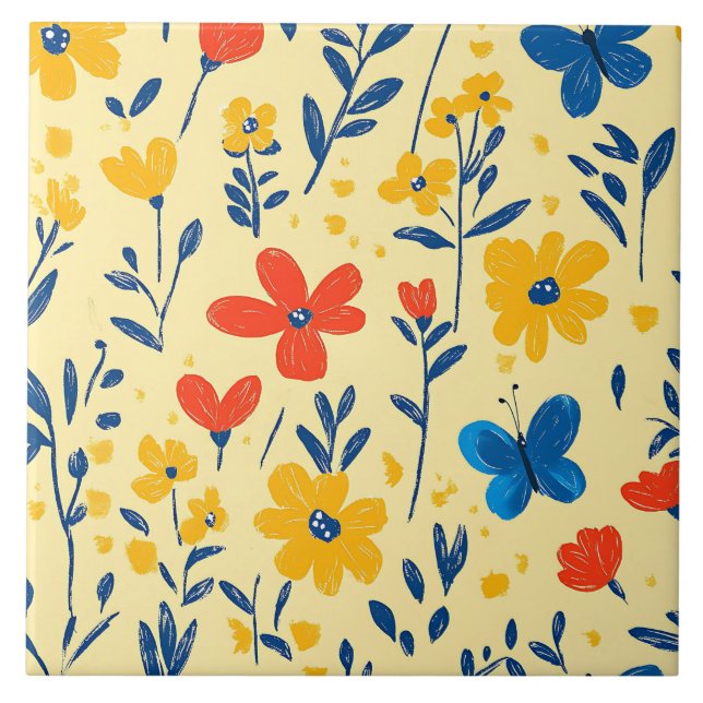 Carreau Fleurs de rayonne et papillon (Devant)