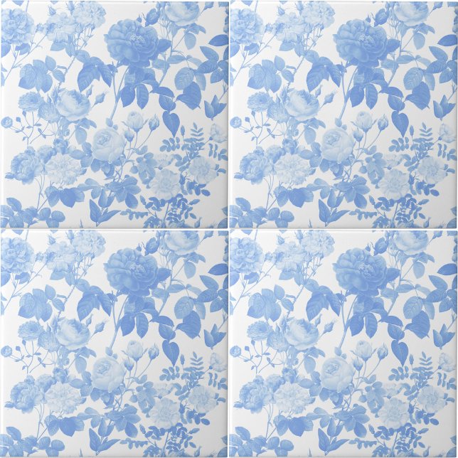 Carreau Fleurs de roses bleues et blanches motif français (Blue White Floral Roses French Pattern Ceramic Tile)