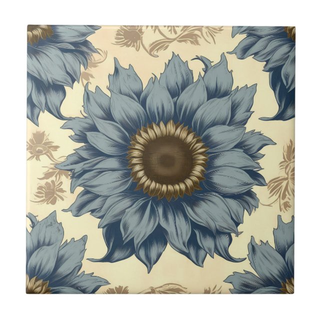 Carreau Fleurs de soleil bleues sur un arrière - plan beig (Devant)