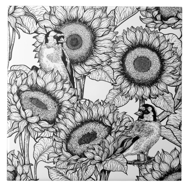 Carreau Fleurs de soleil et ailerons en noir et blanc (Devant)