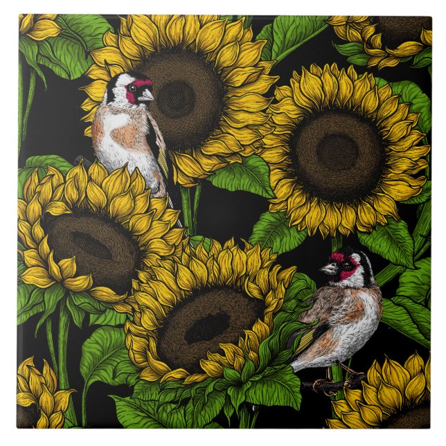 Carreau Fleurs de soleil et ailerons sur noir (Devant)